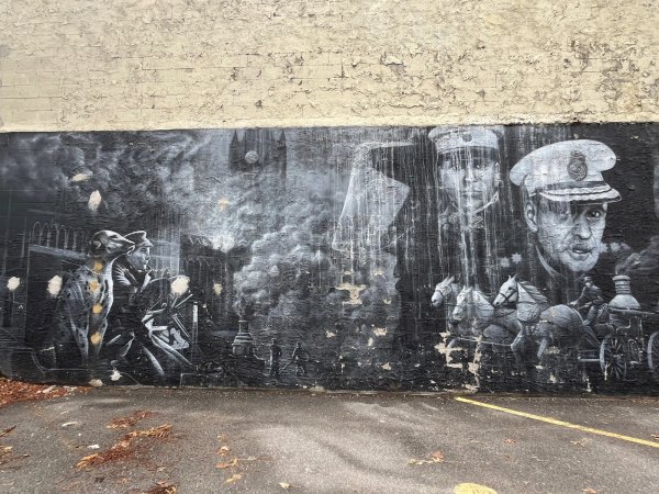 Firefighters Memorial Mural Ottawa Westboro by Shaun McInnis. Depicts scenes from the 1916 Parliament Hill fire to modern fire engines. OTTAWALLS.