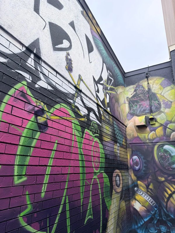 Large-scale Ottawa mural titled Graffiti Octobot by artist Martin Freundorfer on the black brick exterior of Urban Art Collective at 50 Bayswater, Hintonburg. A premier example of Ottawa street art and creative hub landmarks