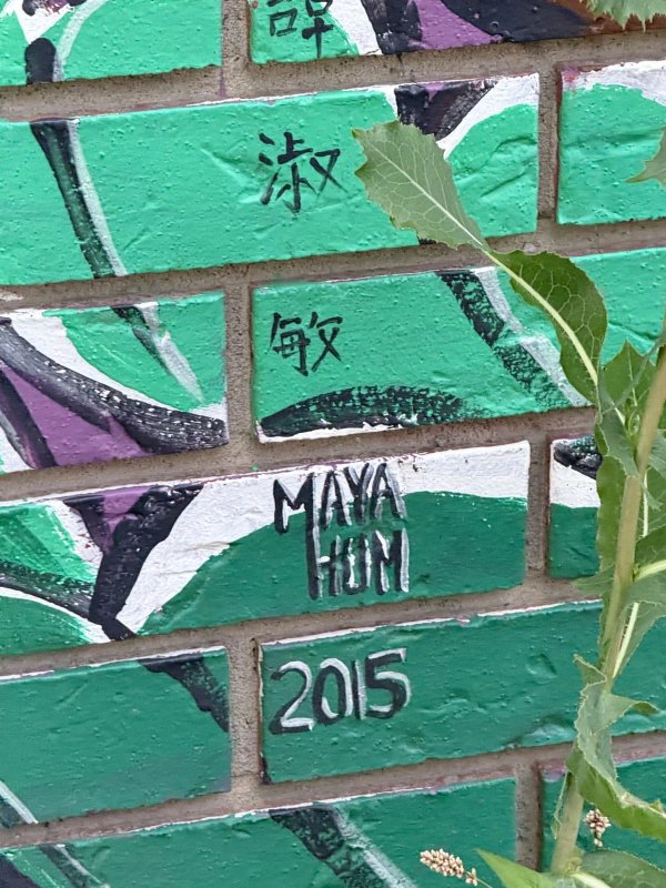 Close-up of a vibrant green, white, purple, and black brick mural featuring Chinese characters, "MAYA HUM", and "2015", in Chinatown, Ottawa.