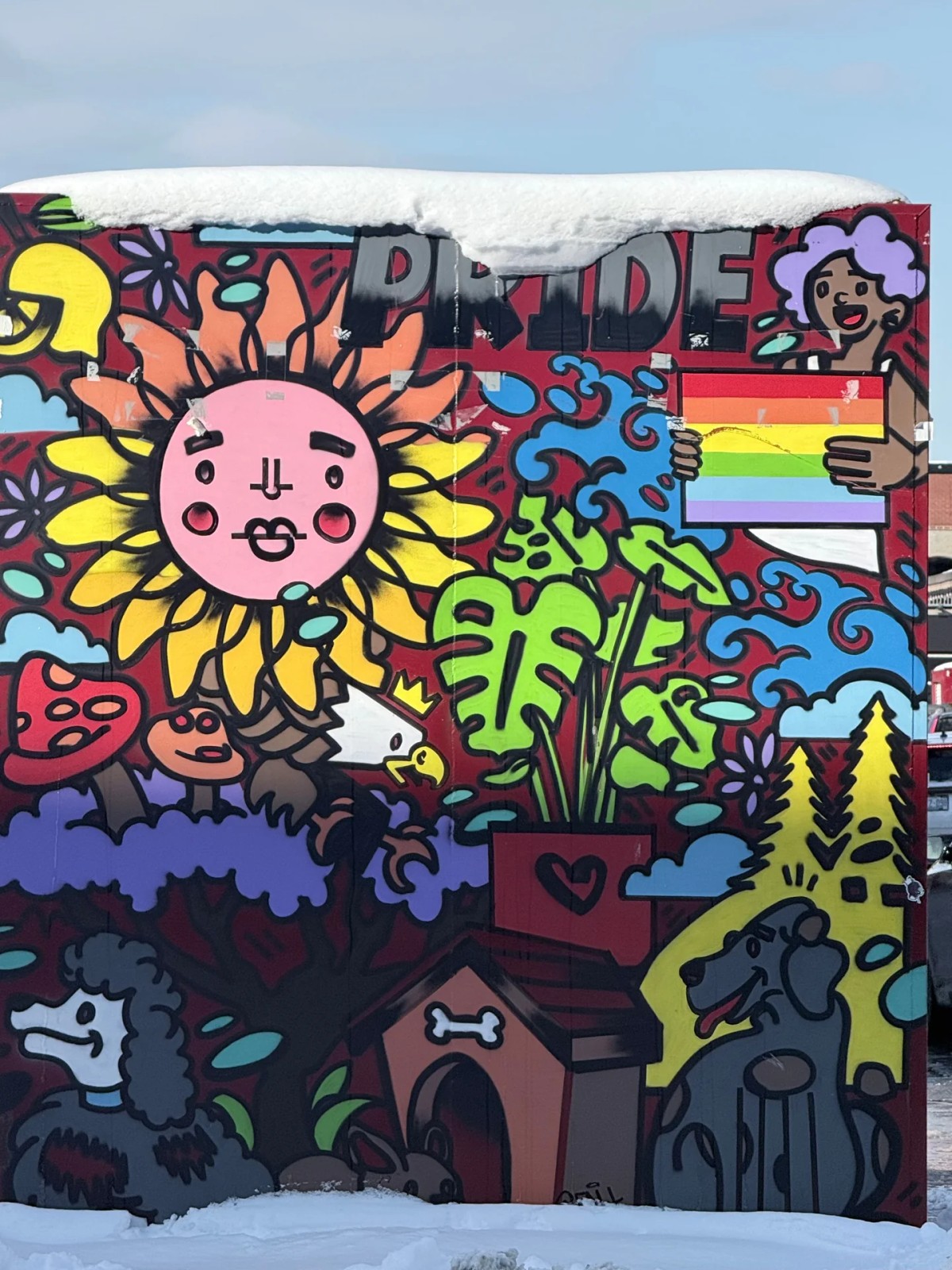 The composition features character-driven elements like a smiling sun, friendly cartoon pets, and a proud figure holding up a classic rainbow flag under the word "PRIDE."