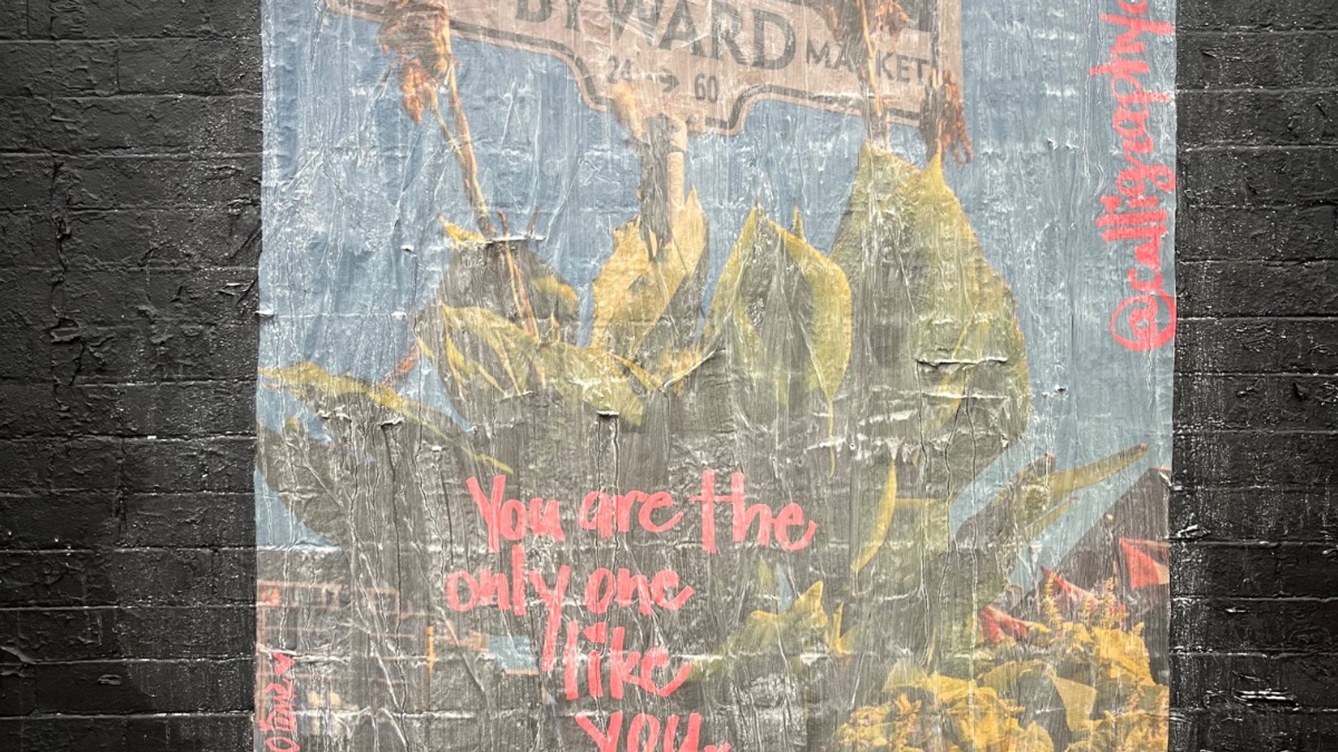 Realism wheatpaste mural by calligraphyqueen in Centretown reading "You are the only one like you" with blue sky and plants visible.