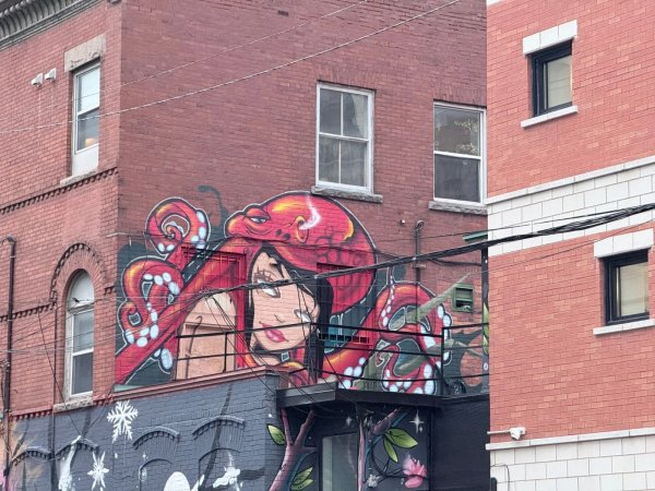 Vibrant mural of a woman with red octopus tentacles on a brick building, traversed by utility wires, Lewis Street, Centretown, Ottawa.