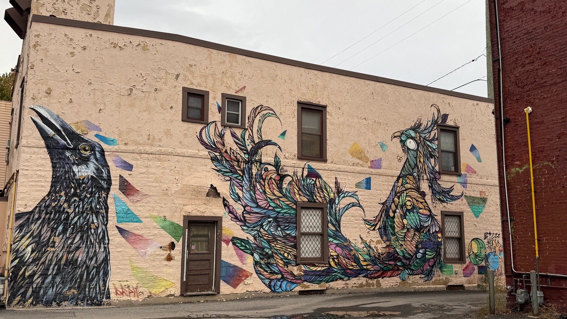 Lowertown Mural by Mique Michelle. Features a realistic black raven/crow on the left and a colourful, flowing, feathery mythical creature on the right, with geometric shapes in the background.