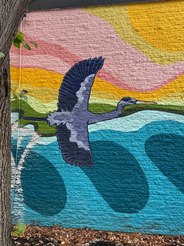 Contemporary Indigenous Floral Mural. Bold, graphic blue heron and sunset design on a red brick wall. Stylized nature street art.