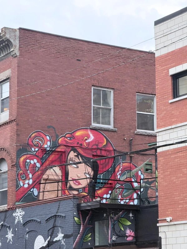 Vibrant street art on a red brick building features a woman with red octopus tentacles as hair, Centretown, Lewis Street, Ottawa.