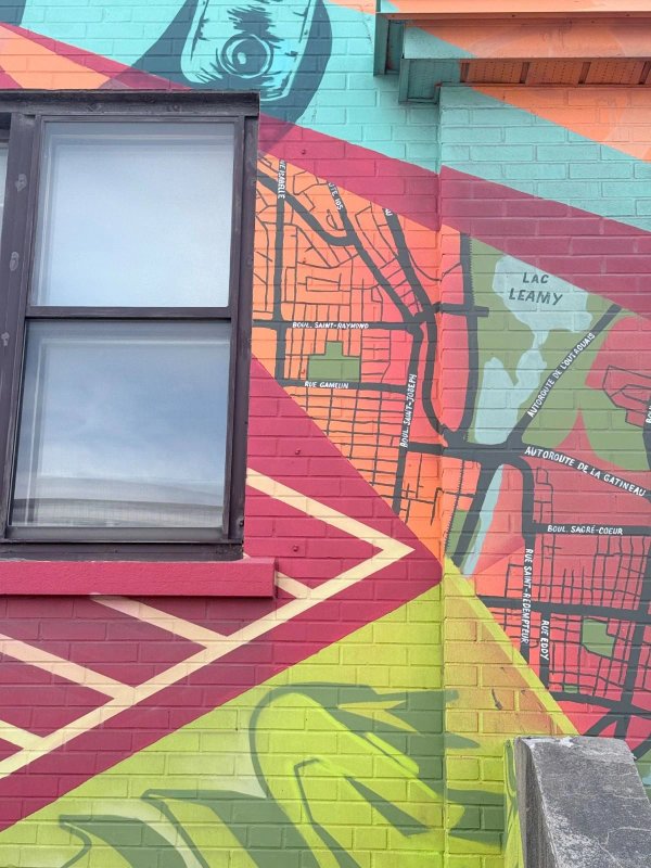 Close-up of the map in 'HYPNOSE' by Marin Mitrasinovic. This intricate detail serves as a powerful symbol of community solidarity within the Gatineau urban landscape.