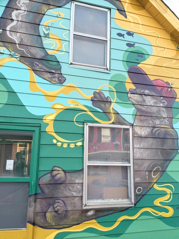 A collaborative, street-art style mural by artists Martin and Stephanie titled "A River's Memory." The colorful composition depicts local history and river life, featuring underwater elements, native wildlife with sailor tattoos, a frog rock band, a fish, and a raccoon.