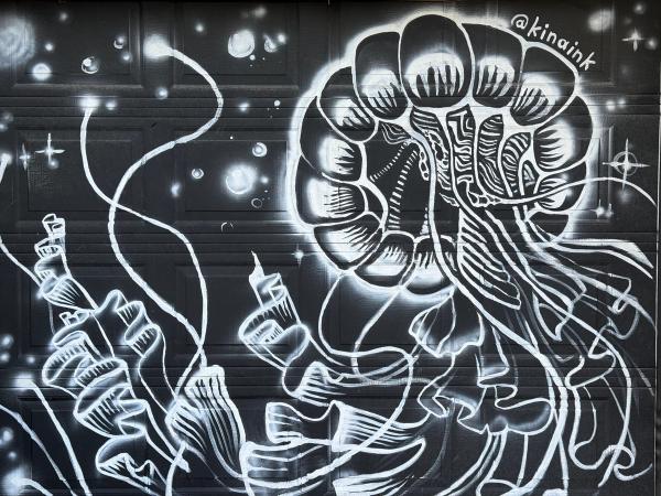 Black and white mural of a detailed jellyfish by Kina Ink. Located in Hintonburg, Ottawa.