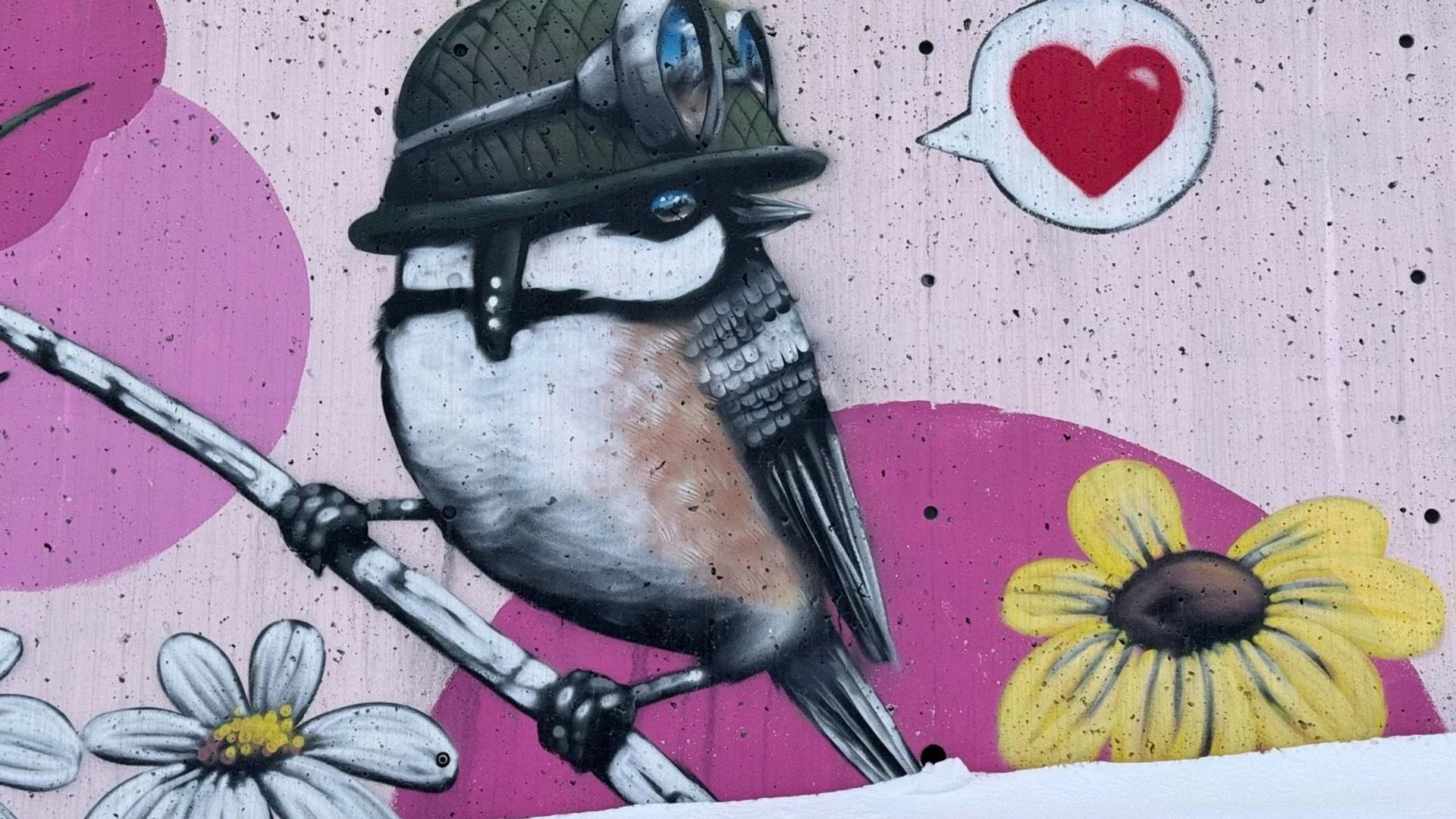 Street art mural in Downtown Ottawa, by Daniel Martelock from his Bird Army series, showing two house sparrows in military helmets perched on a branch.