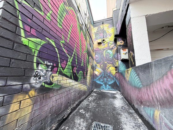 Close-up of graffiti writing and colorful throwies on the Octobot mural in Hintonburg. Documented by OTTAWALLS, this image captures the intricate textures of Ottawa graffiti art and urban spray paint techniques.
