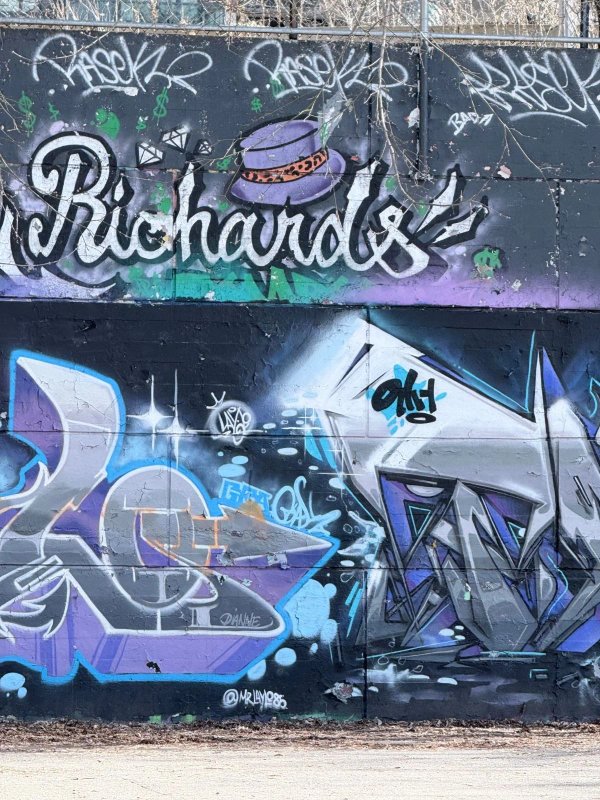 Collaborative graffiti production on the Ottawa Tech Wall, showcasing a mix of spray paint textures, vibrant colors, and local crew tags.