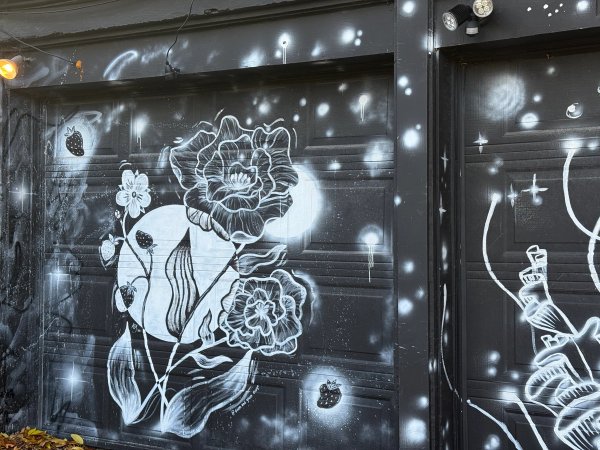 Black and white floral spray painted mural on a garage door by Kess Gregory in Hintonburg, Ottawa. Documenting art from Urban Art Collective Disrupt.