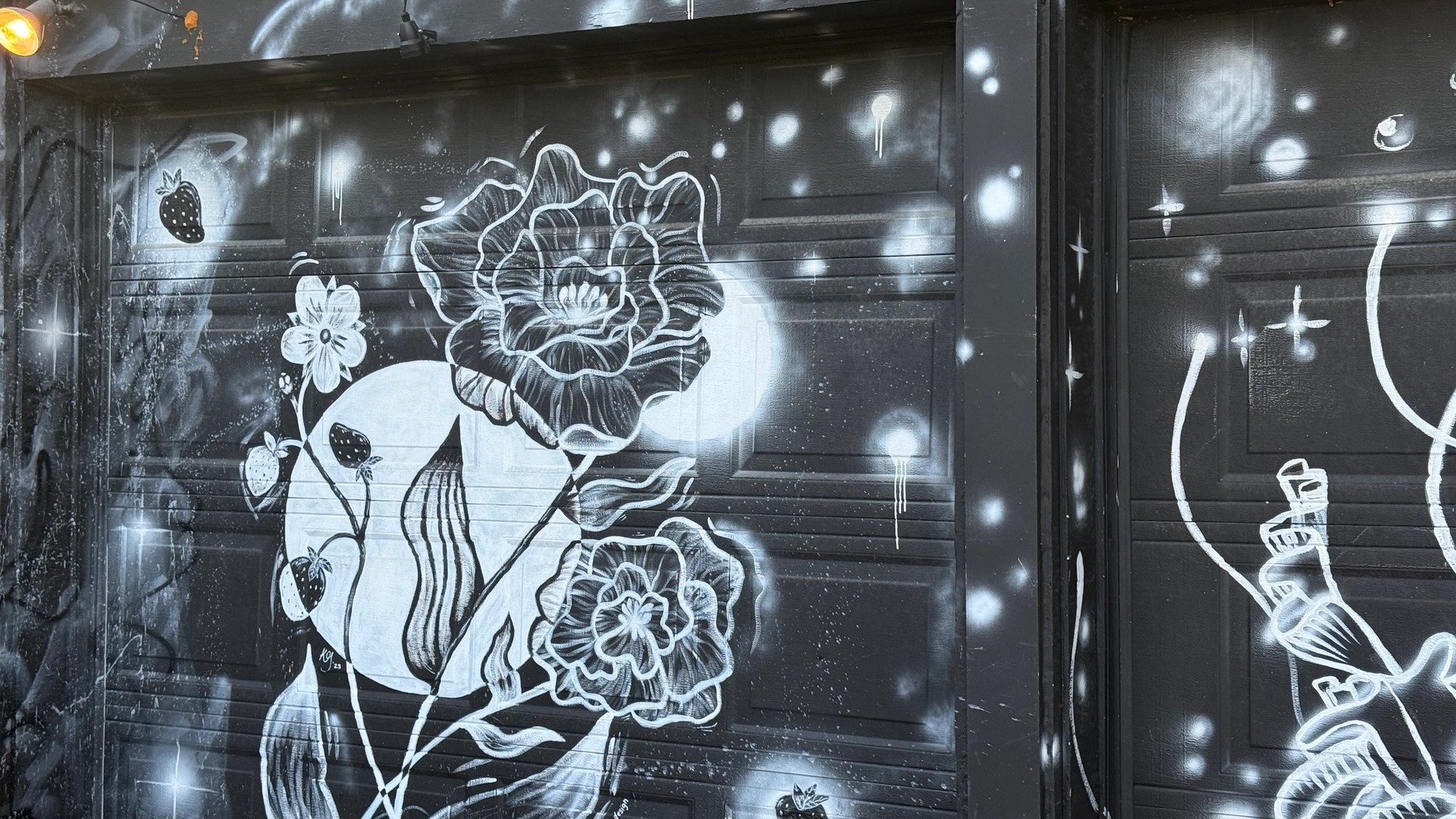 Black and white street art mural of flowers and strawberries by Doom and Gloom Design (Kess Gregory). Located in Hintonburg, Ottawa. Documenting art from the Urban Art Collective Disrupt 2023.