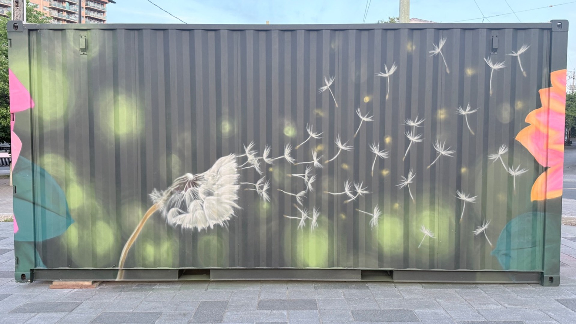 Mural by Martin Freundorfer on a shipping container in Hintonburg Ottawa, showing a large dandelion being blown with petals and seeds floating across the surface, 2026.