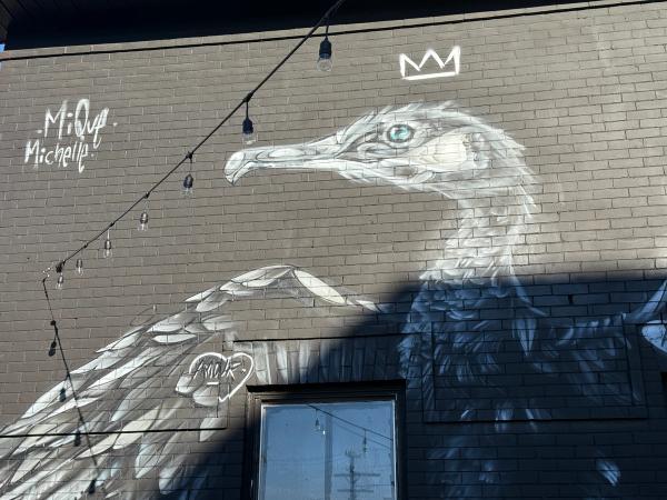 Mural of double crested cormorant by Mique Michelle in Hintonburg. Art from the Urban Art Collective Disrupt 2023.
