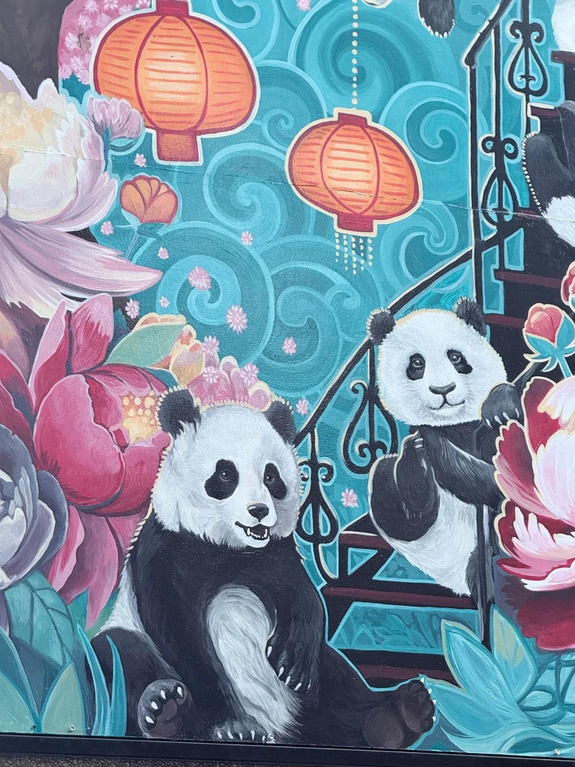 A whimsical mural depicts two pandas with colorful peonies and orange lanterns against a teal background on Cambridge Street North, Chinatown, Ottawa.