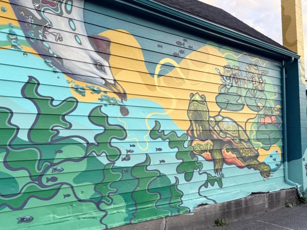 A street art mural titled "A River's Memory," featuring vibrant underwater wildlife with sailor tattoos, including a frog rock band and a fish tribute, painted on an exterior wall.