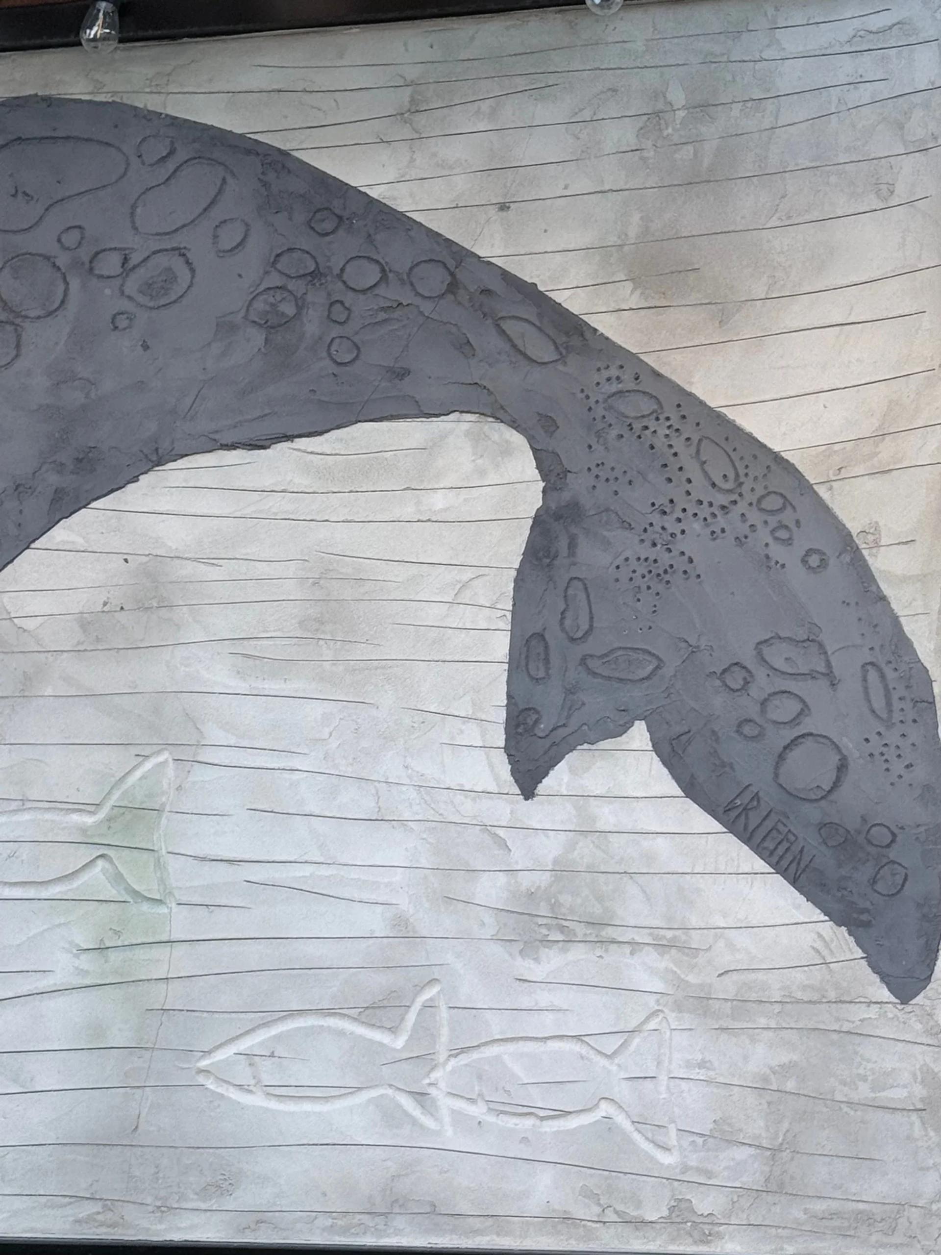 Textured grey whale tail with circular patterns and 'GRIFFIN' carved, above white fish outlines on a striped background, Centretown West, Ottawa.