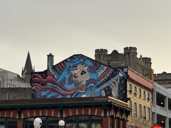 Mural Artists Ottawa: Ola Volo's intricate ByWard Market mural with blue hair, Parliament view. Ottawa's vibrant urban arts scene. OTTAWALLS.