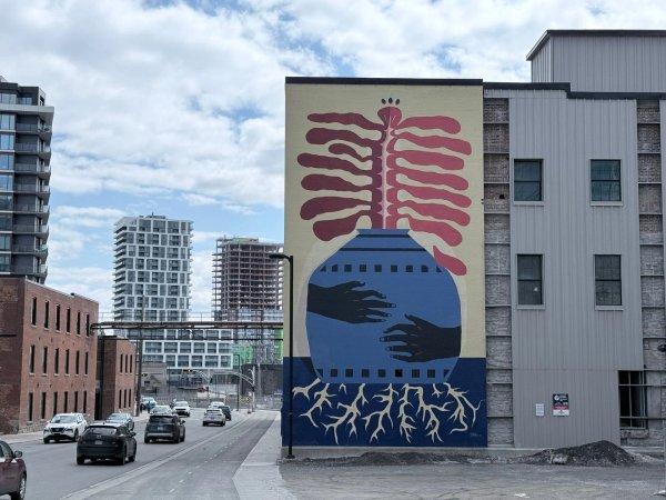 Indigenous art Ottawa Gatineau, Kiana Meness and Claudia Gutierrez collaborative mural We Are Seeds 2021, featuring bold red and blue folk-inspired symbolism.