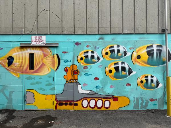Full-view hero image of Daniel Martelock’s Yellow Submarine mural in Centretown, Ottawa; featuring bright yellow butterflyfish and a Beatles inspired Yellow Submarine painted on a teal urban wall.