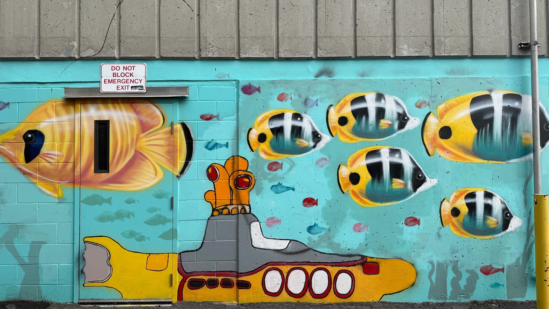 Full-view hero image of Daniel Martelock’s Yellow Submarine mural in Centretown, Ottawa; featuring bright yellow butterflyfish and a Beatles inspired Yellow Submarine painted on a teal urban wall.