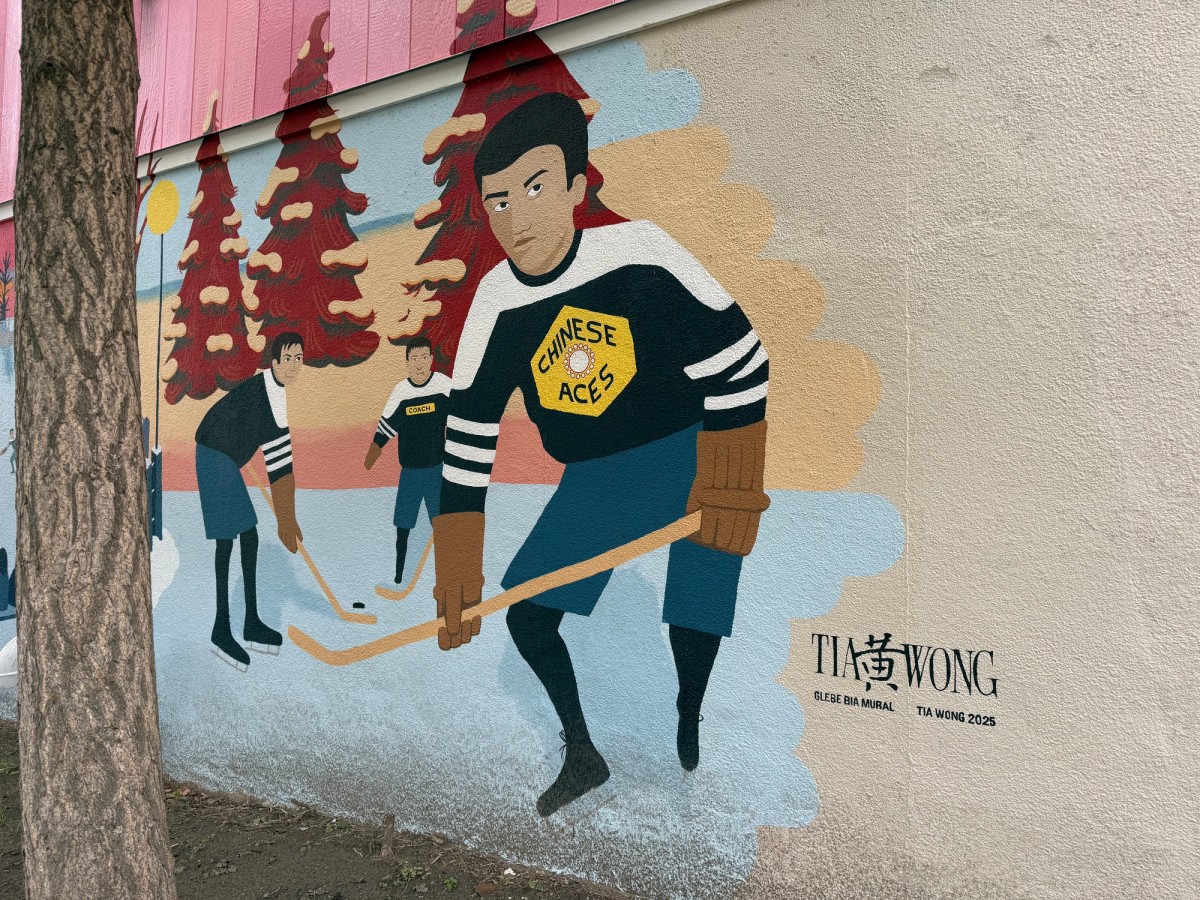 Winter mural scene in a Group of Seven style, featuring hockey players, vintage Tim Hortons cups, and motifs from the Canadian five-dollar bill.
