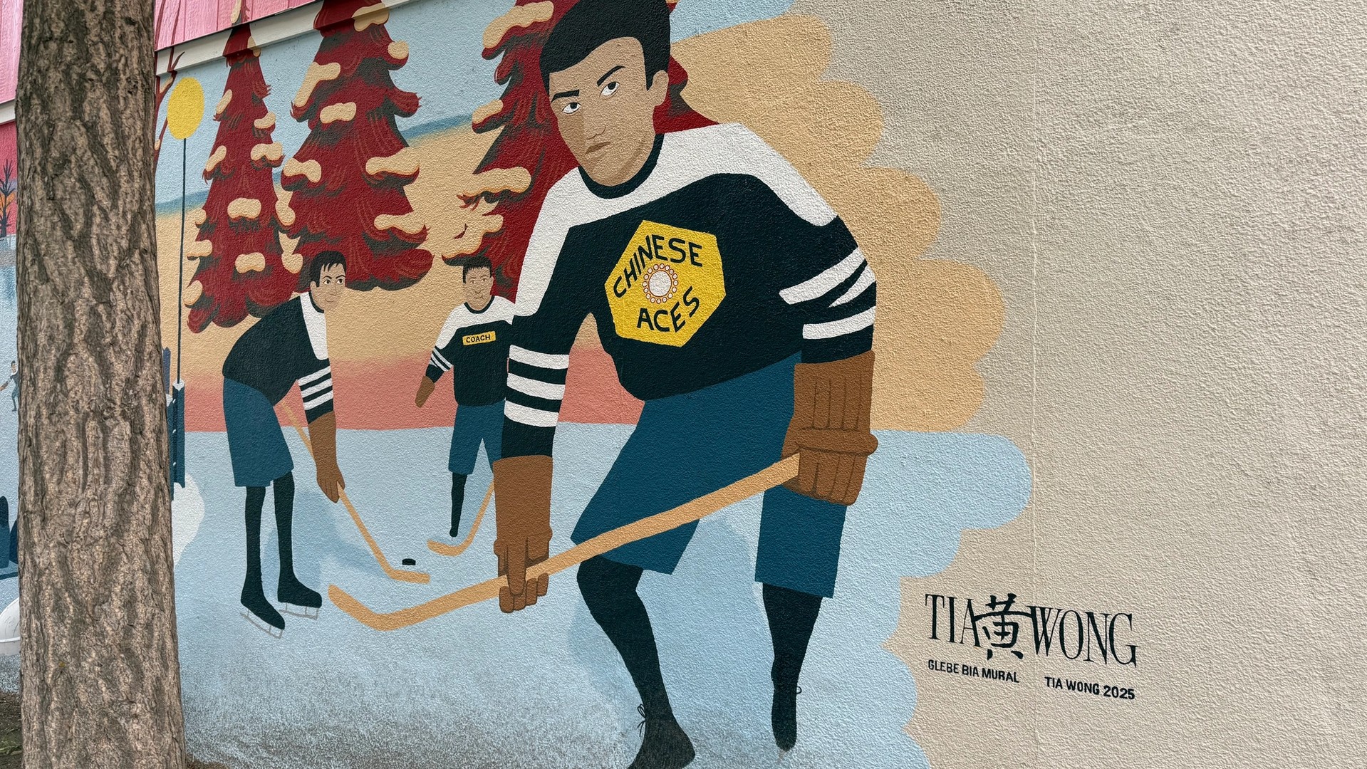 Mural by Tia Wong titled "Chinese Aces Skate the Canal," featuring three vintage-style Chinese-Canadian hockey players skating on a canal. The piece is located in the Glebe neighborhood of Ottawa.