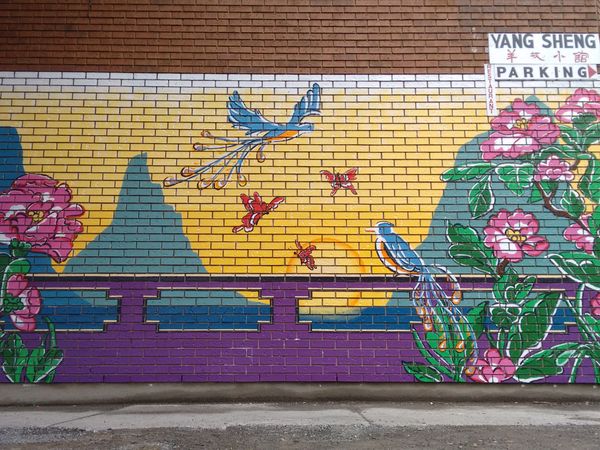 Large, colorful Chinese landscape mural by Maya Hum at Somerset & Bronson, Chinatown Ottawa.