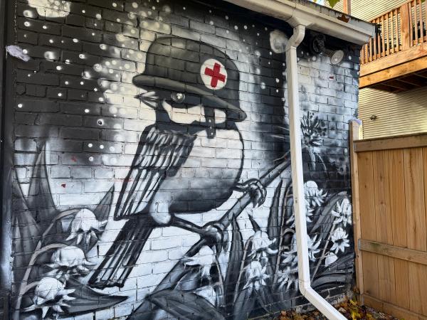 Black and white mural of a bird wearing a helmet by Daniel Martelock, located in Hintonburg, Ottawa.