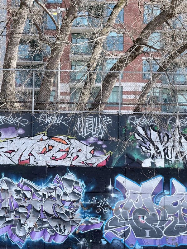 Urban landscape of downtown Ottawa showing the Tech Wall legal graffiti zone near Bronson Ave, a rotating gallery of local street artists