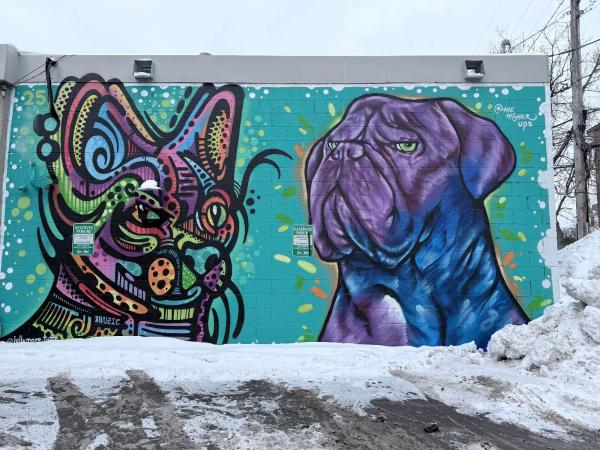 The Higher Ups mural Bank Street Ottawa. Street art photography of a cat and dog mural on a cinderblock wall. Ottawa mural map entry for Rideau Gardens neighborhood. Digital archive of ephemeral graffiti and public art in Ontario.