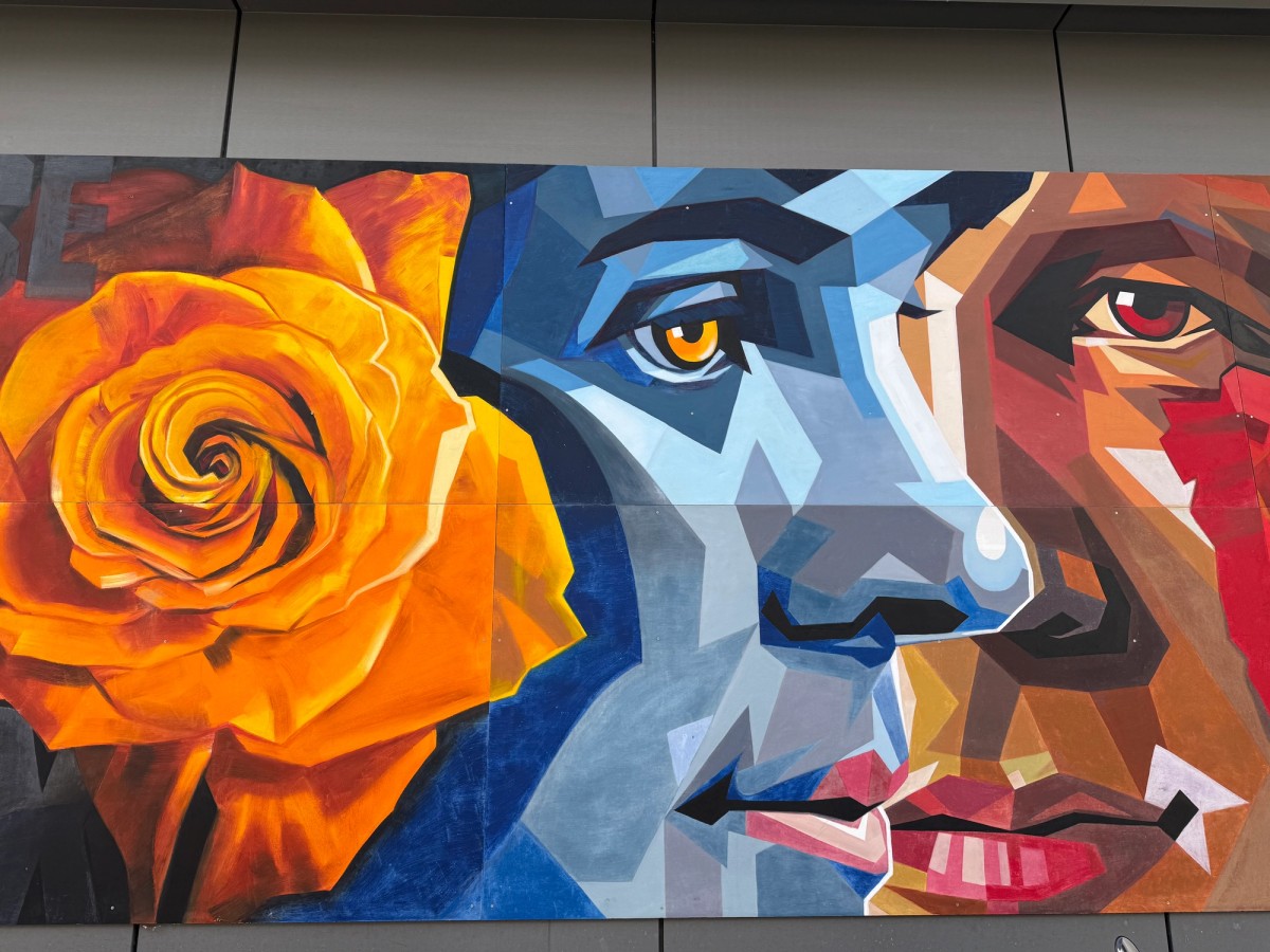 Mural by Tom Cech at Landsdowne featuring flowers and two faces