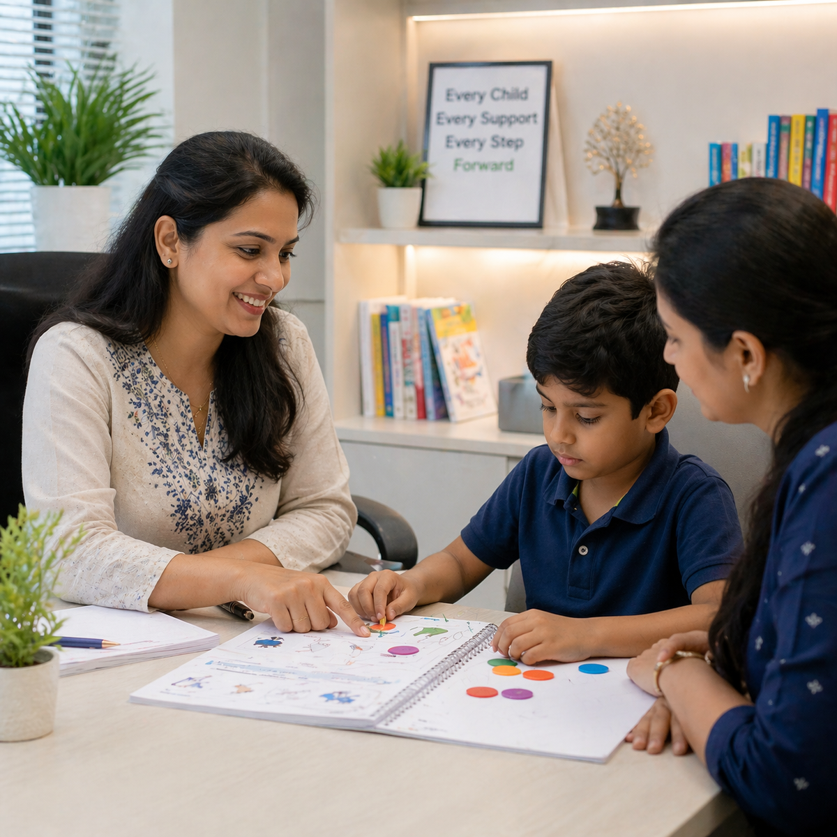 Indian child psychologist guiding a young boy during a learning assessment while his mother sits beside him in a clinic.