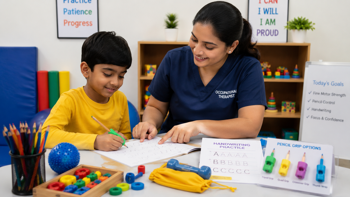 Occupational therapist helping a child improve handwriting skills through fine motor exercises, pencil grip training, and structured writing activities in a therapy session.
