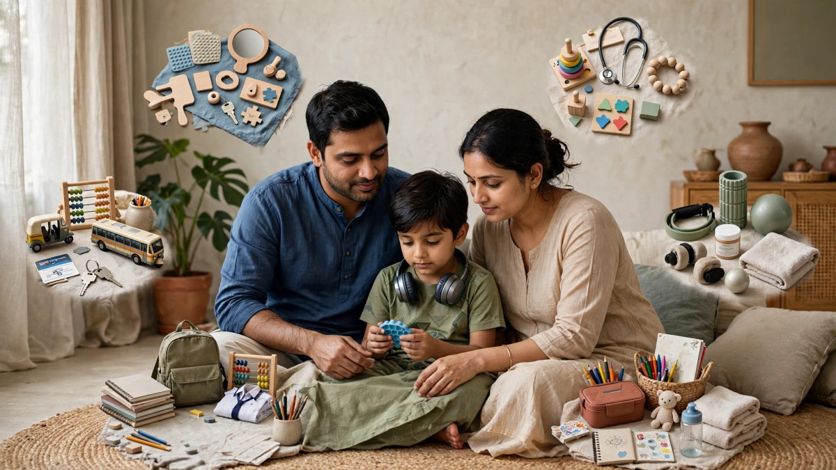 Indian family considering the financial impact of therapy, diagnosis, schooling, rehabilitation, and related care expenses