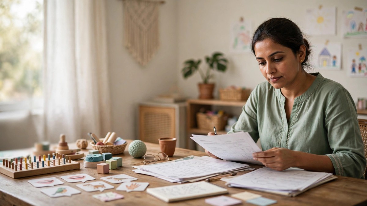 Indian parent reviewing a child’s therapy schedule, healthcare documents, and household budget at home