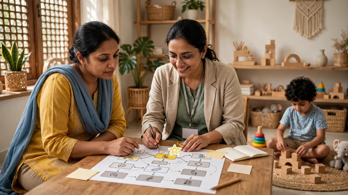 Parent and child-development professional discussing which therapy priorities to focus on within a limited family budget