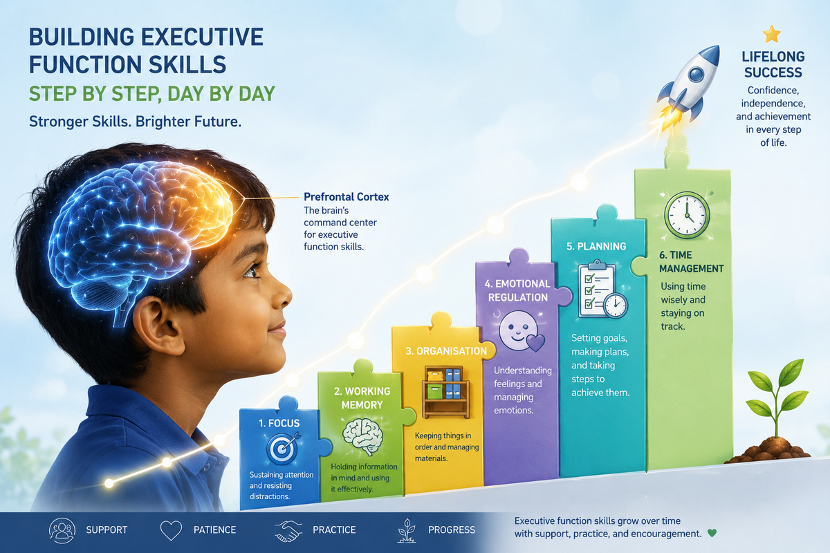 Illustration showing executive function development in children and the role of the prefrontal cortex