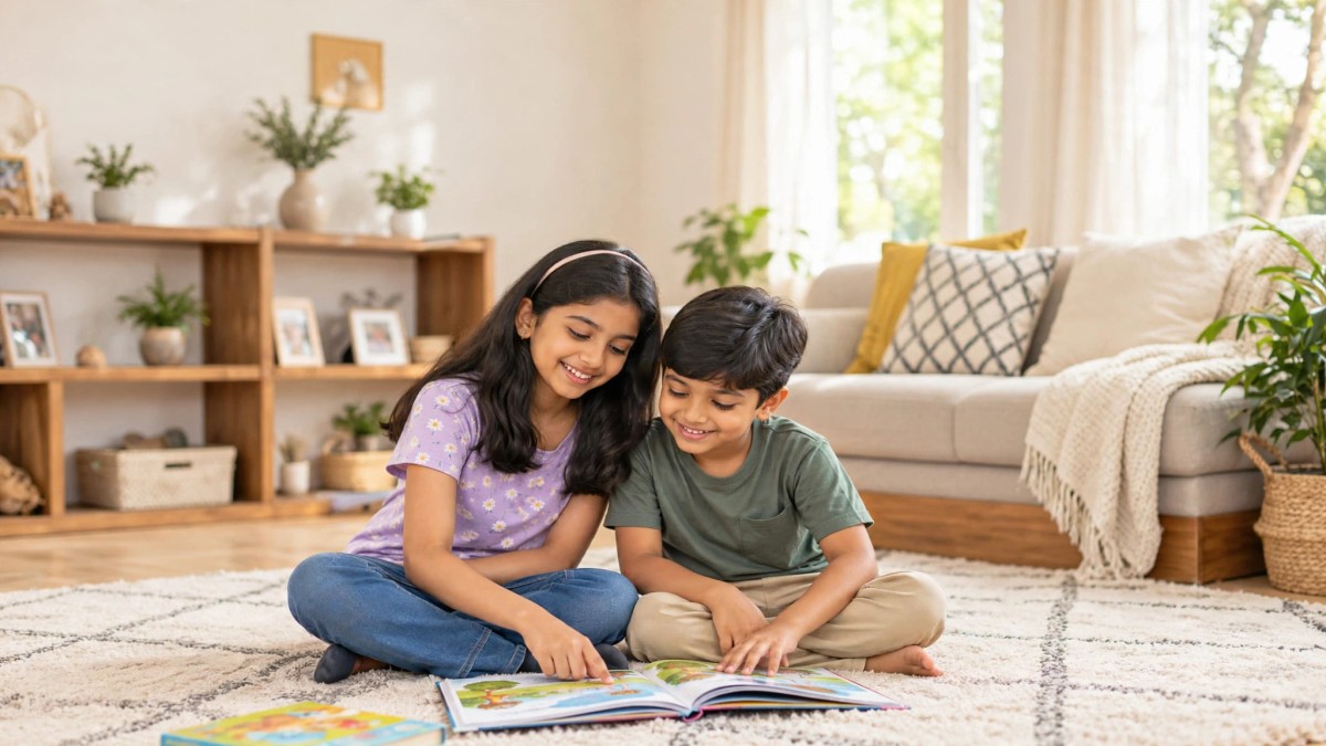 Indian siblings reading a book together at home