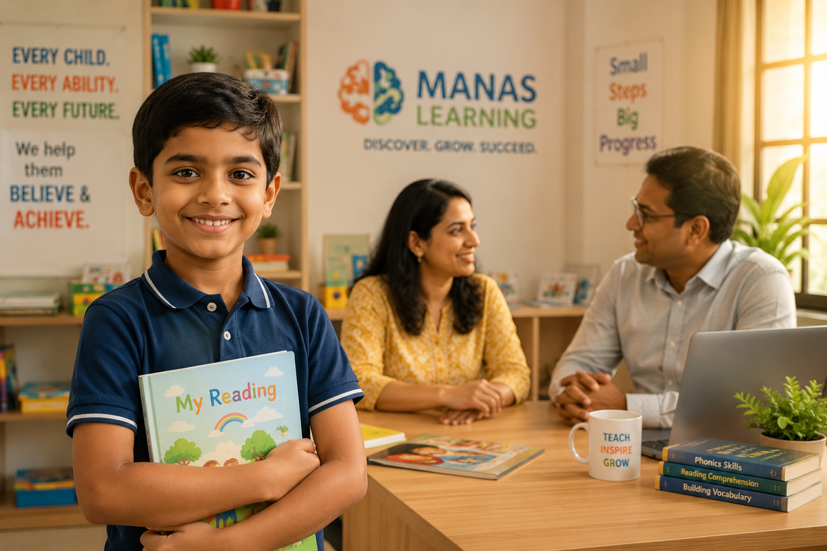 Confident Indian child holding a reading book while parents discuss progress with an educational specialist in a learning center.