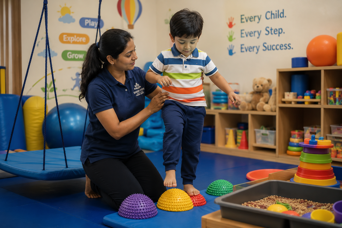 “Indian occupational therapist helping a child with sensory integration activities”