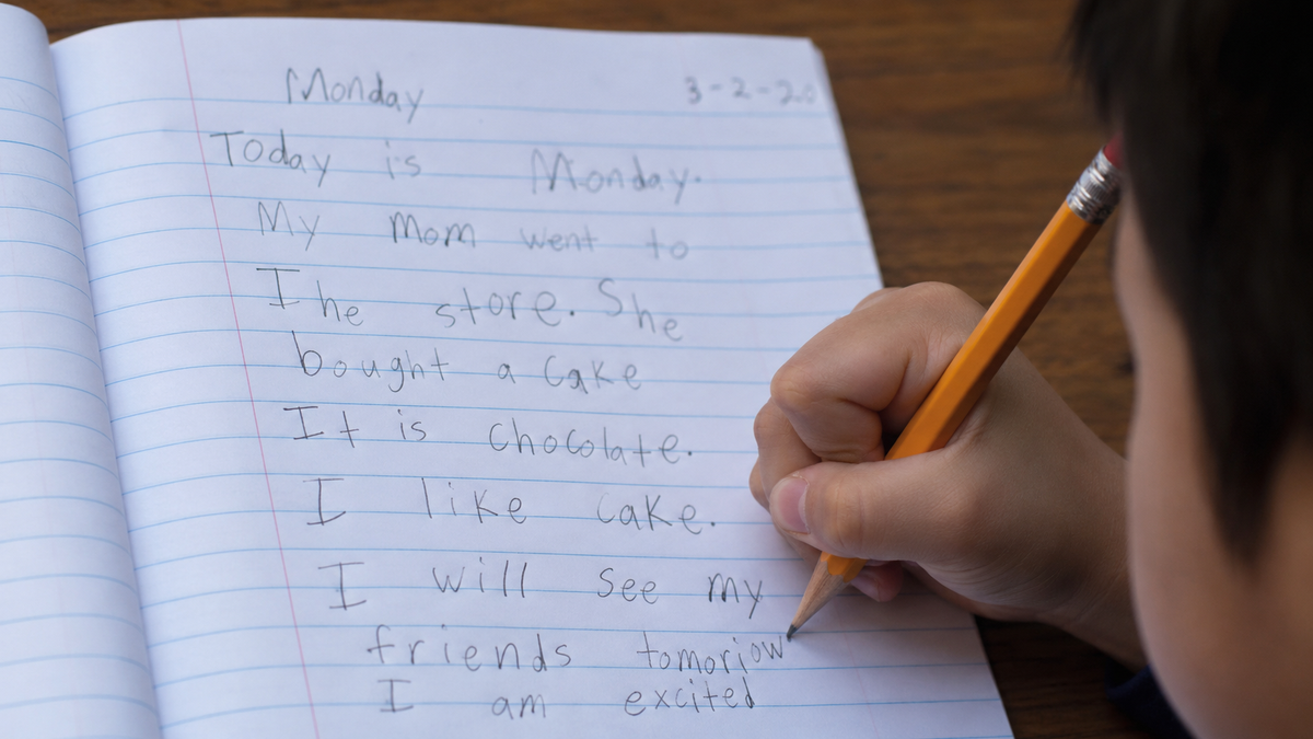 Close-up of a child's notebook showing uneven letter sizes, inconsistent spacing, and poorly aligned handwriting while the child grips a pencil tightly, demonstrating common signs of dysgraphia and writing difficulties.