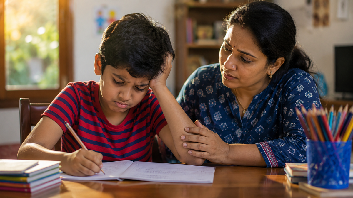 Indian child struggling with handwriting and homework while a concerned mother provides support at home, illustrating dysgraphia and writing difficulties in children.