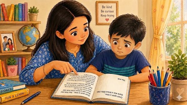 Indian mother helping her young son read a book while the child looks confused and frustrated at a study table.