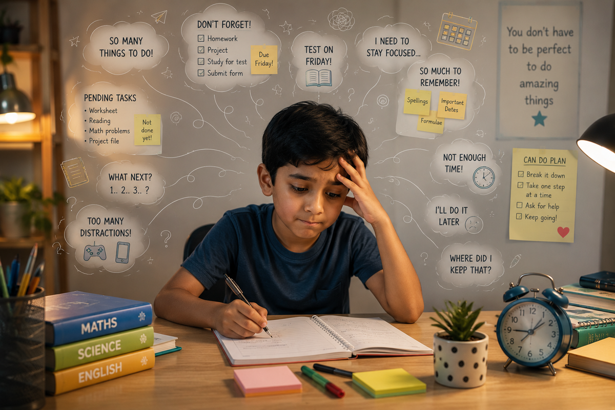 nfographic showing executive function skills in children including planning, organisation, working memory and emotional regulation