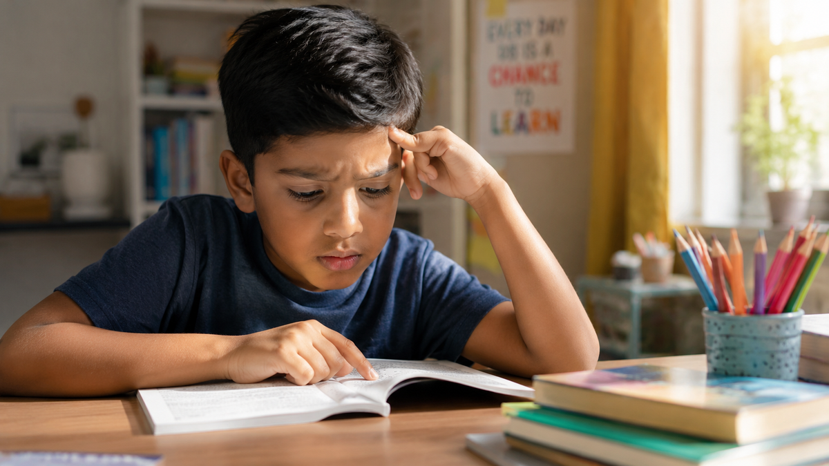 Child struggling to read a book while concentrating at a study desk.