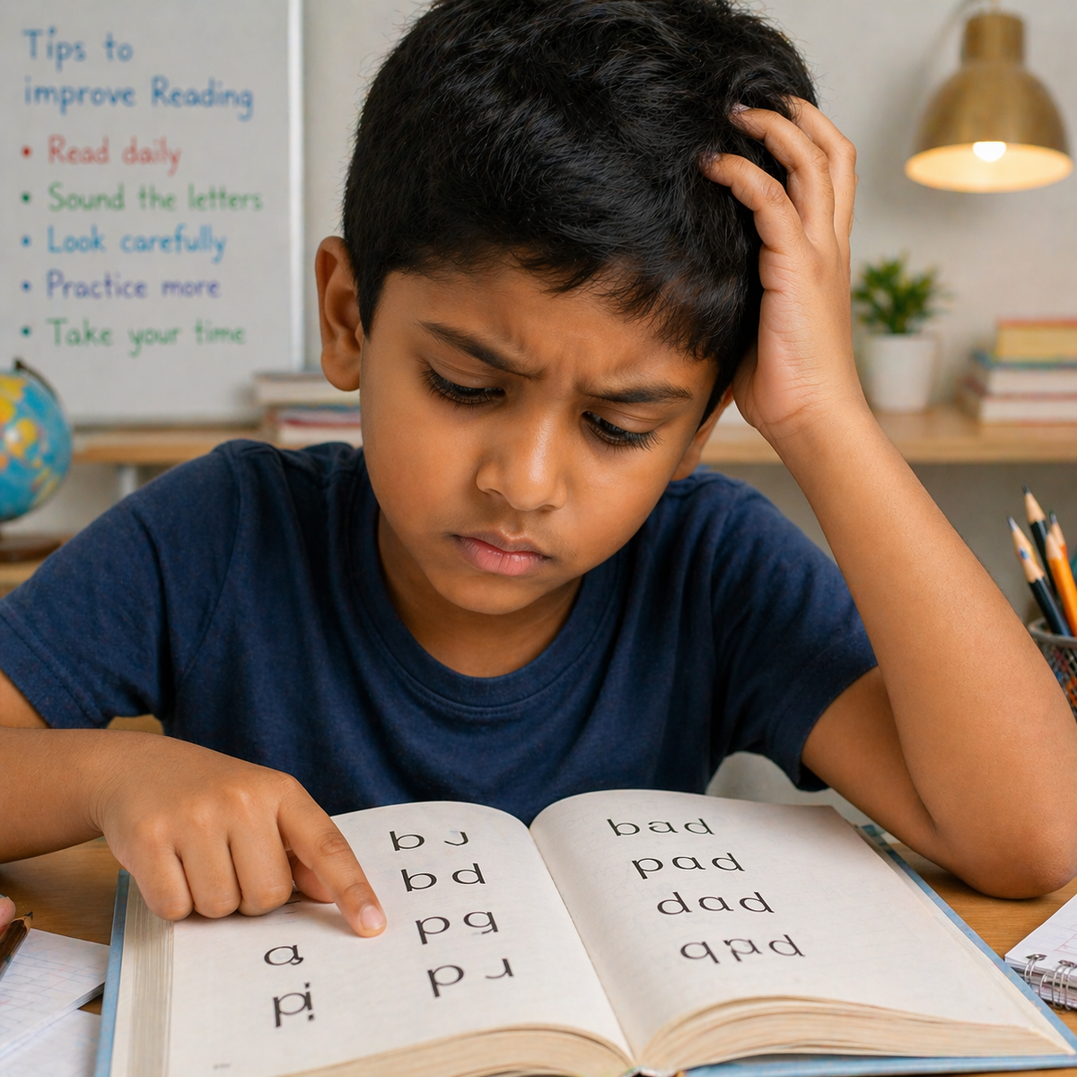 Young boy looking confused while reading a book with reversed letters, representing signs of dyslexia.