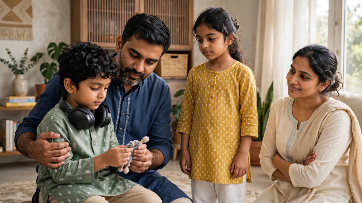 Indian siblings in a neurodivergent family with a parent supporting one child