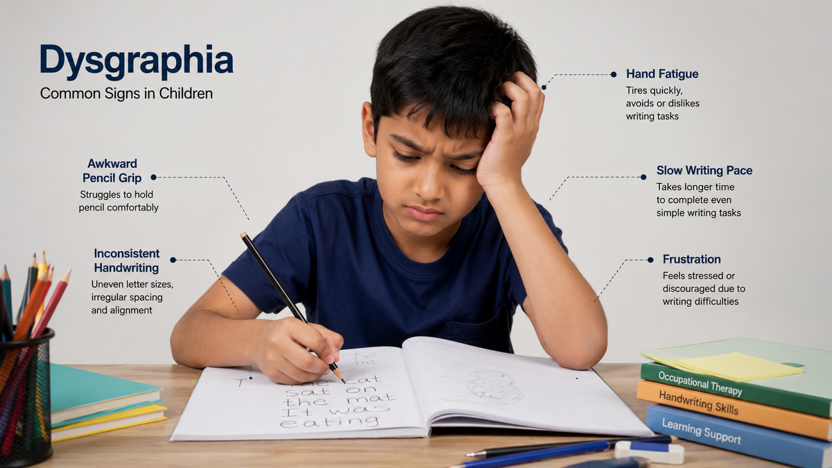 School-age child displaying common signs of dysgraphia, including an awkward pencil grip, uneven handwriting, poor letter spacing, hand fatigue, and frustration during a writing task.